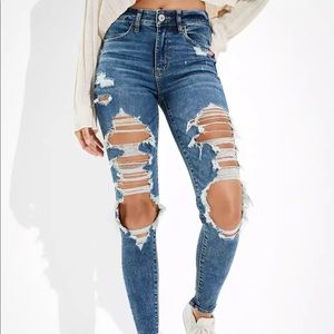 AE Dark Wash Ripped High V-Rise Jegging Size 2